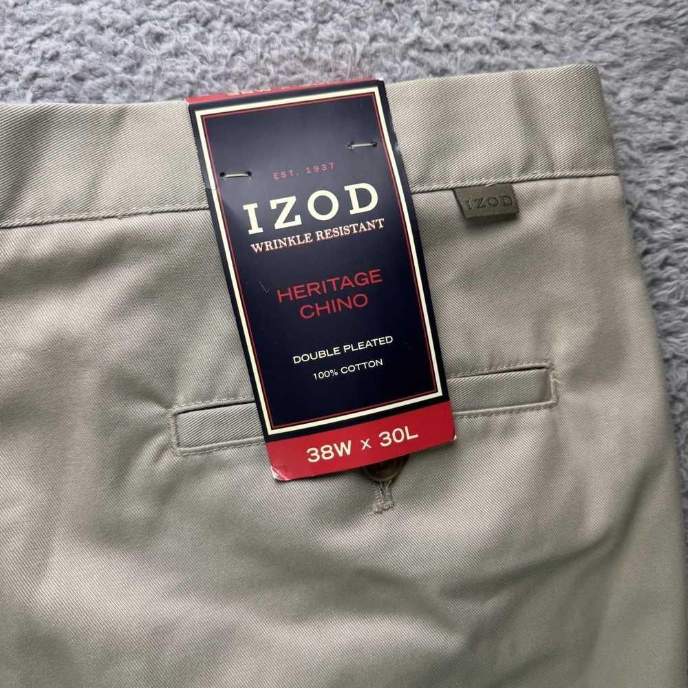 Izod Double Pleated Chino Pants Mens 38x30 Tan Wrinkle Resistant 100% Cotton NWT